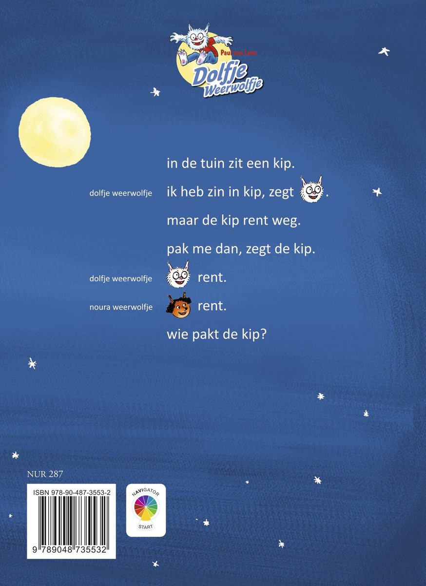 Boekomslag met tekst en een cartoonwolf en -kip. Tekst: Paul van Loon Dolfje Weerwolfje
