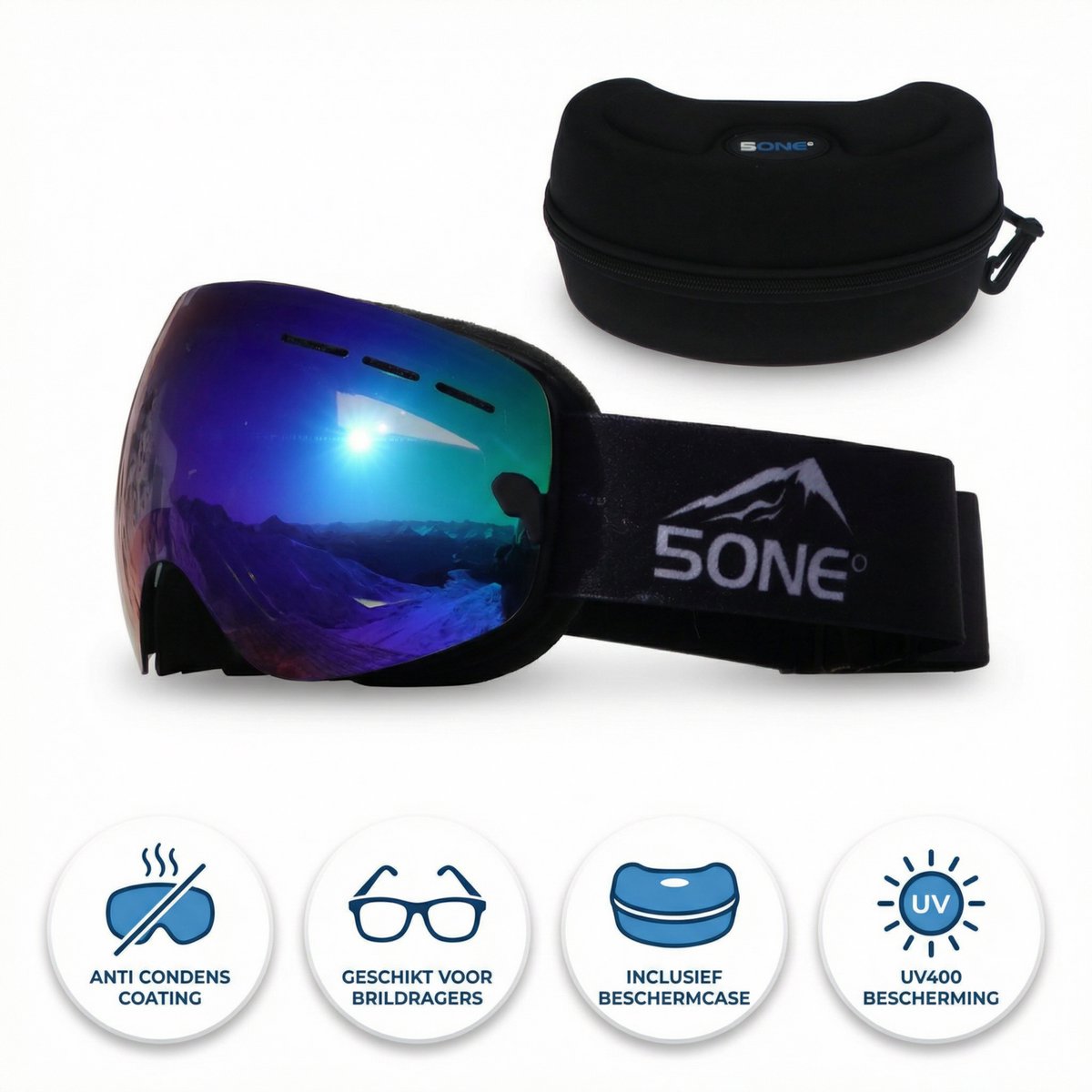 5one® Alpine 1 Blue anti-condens Skibril met hardcase - Zwart frame