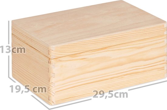 Naturel houten kist met afmetingen 29,5 cm x 19,5 cm x 13 cm.