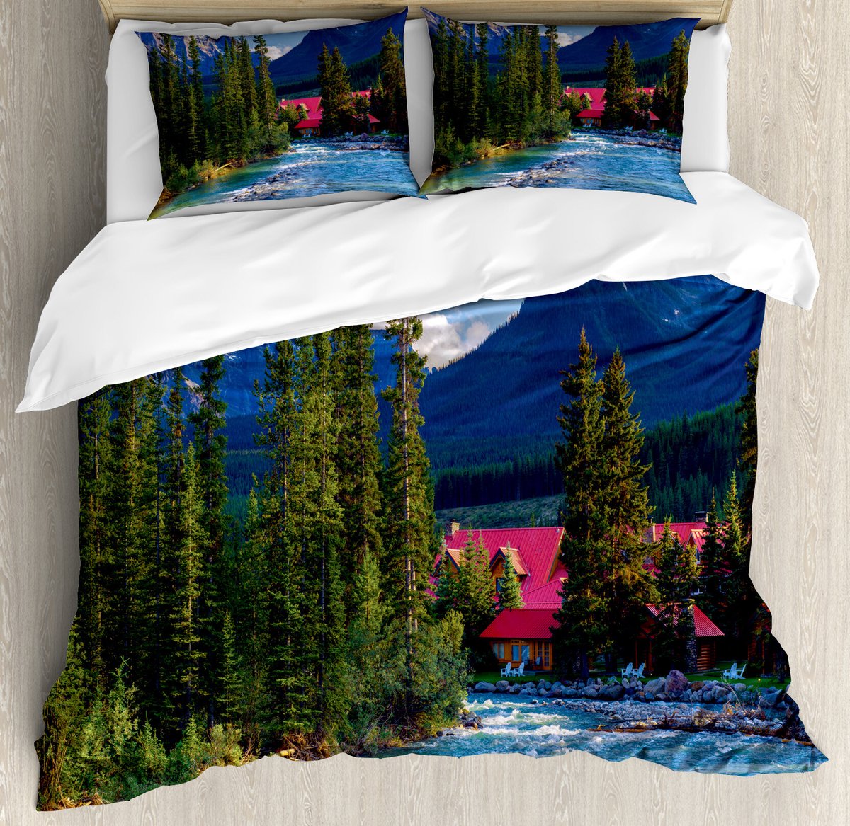 ABAKUHAUS River dekbedovertrekset voor tweepersoonsbedden, Lake Louise Banff Village, 230 x 220 cm