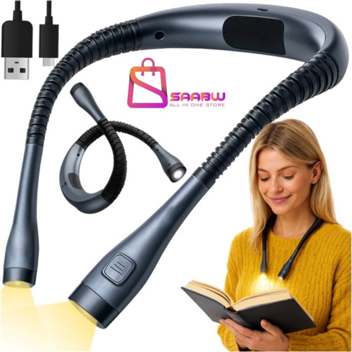 LED Nekleeslamp Oplaadbaar USB-C – Flexibel Leeslampje voor Boek en Bed – 3 Lichtkleuren – Handsfree – Grijs – 55974