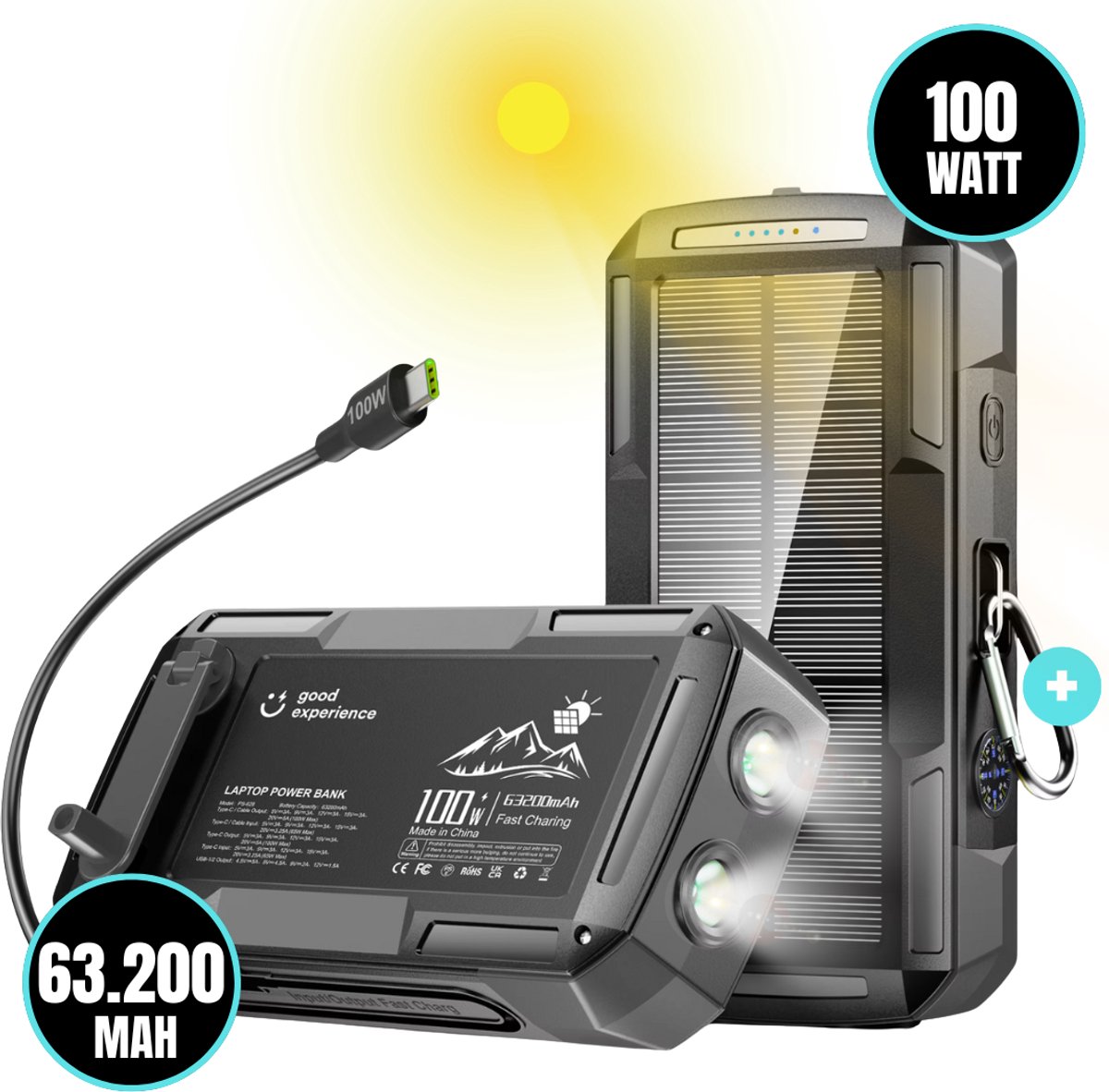 Powerbank Solar 63200mAh Powerbank met 100W Snellader - Powerbank - €119,95