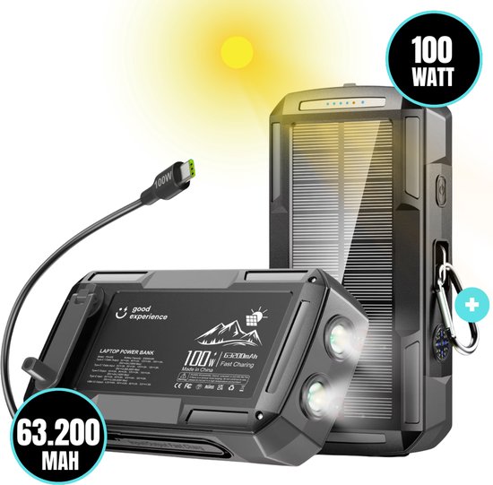 Batterie externe - 63200mAh - Batterie externe Énergie solaire - Batterie externe solaire - 100W - Compatible avec iPhone, Macbook & Samsung - Chargeur d'Ordinateur Portable - Lampe de Poche - Kit d'urgence - Chargeur rapide - Good Experience