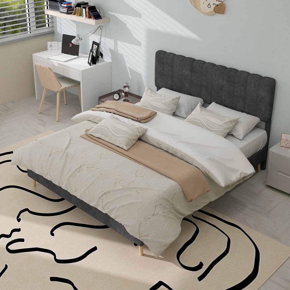 MODFU Bedframe 140x200 cm – Zacht fluwelen hoofdbord – Platformbed – Grijs