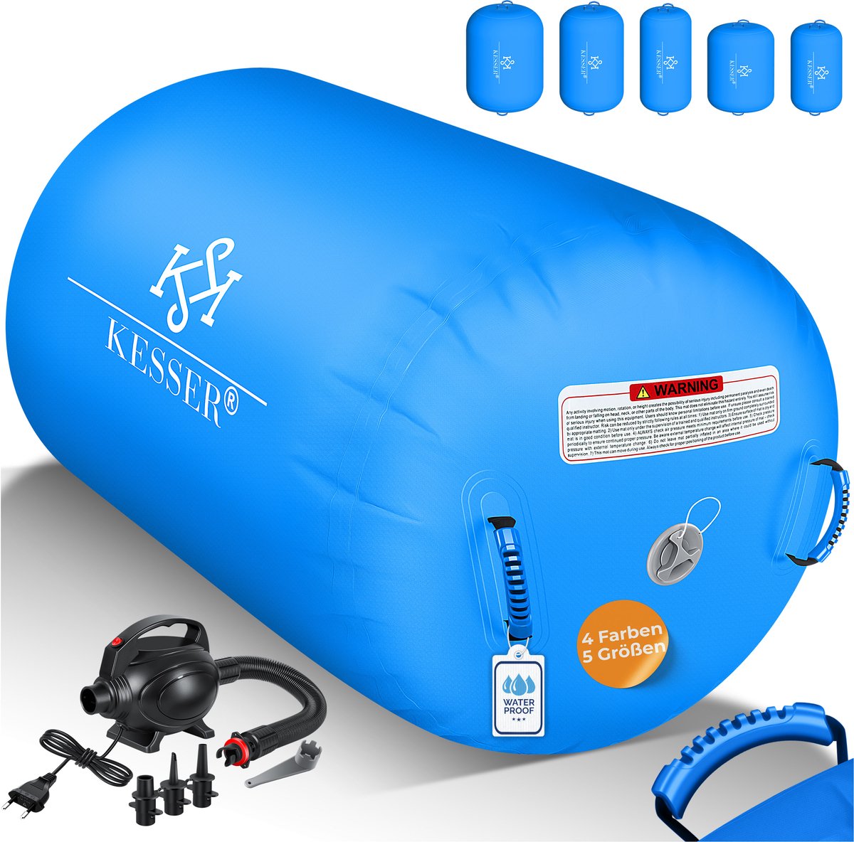 KESSER® Airtrack Turnmat opblaasbaare Gymnastiek Rol - Air Roll voor Gymnastiek & Turnen Fitness Mat Bal Rol met elektrische lucht-pomp Gymnastiekrol - Blauw, 100 x 60 cm