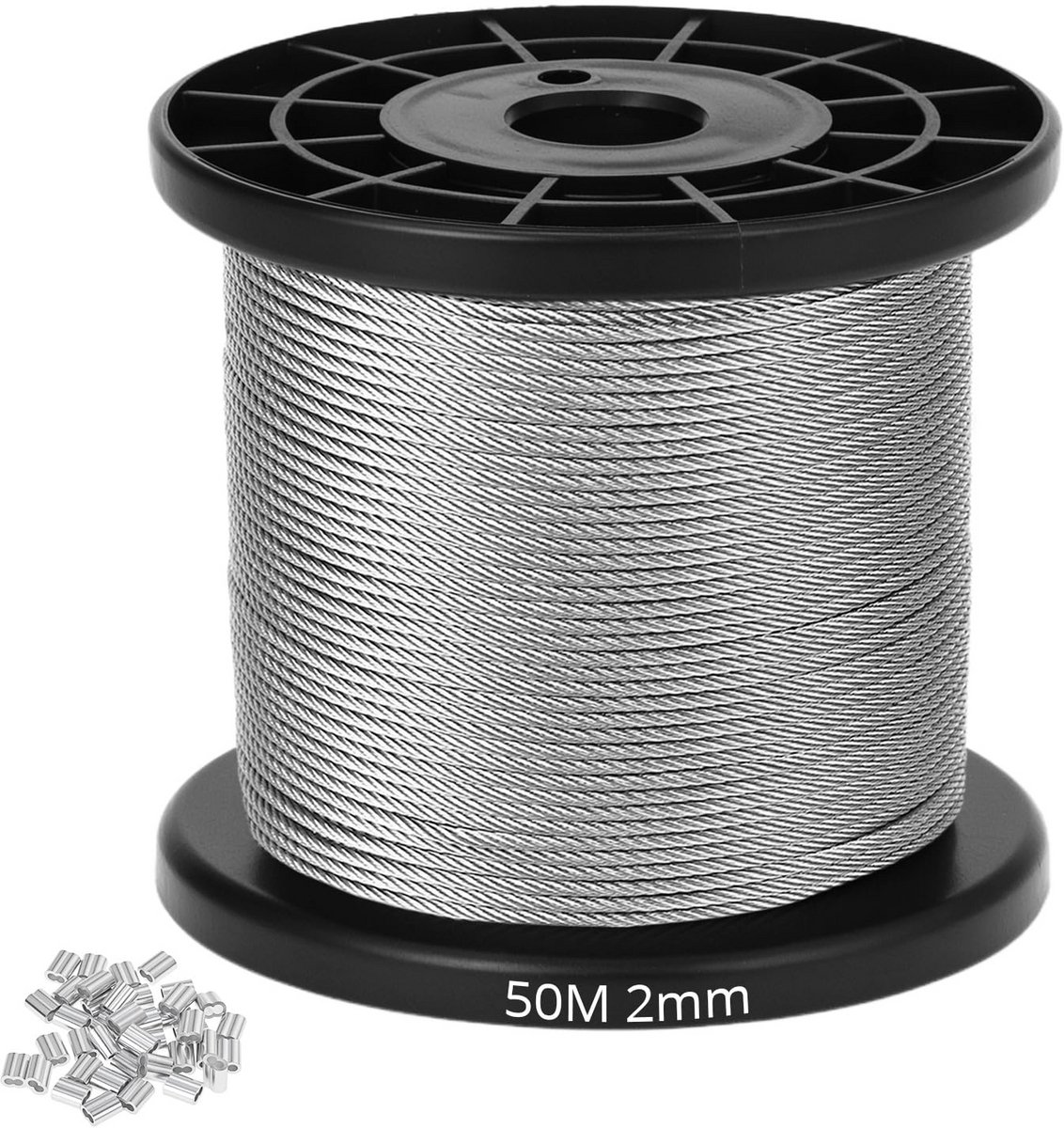 RVS Kabeldraden 2mm x 50m met Aluminium Hulzen - Hoge Sterkte voor Buiten en Binnen
