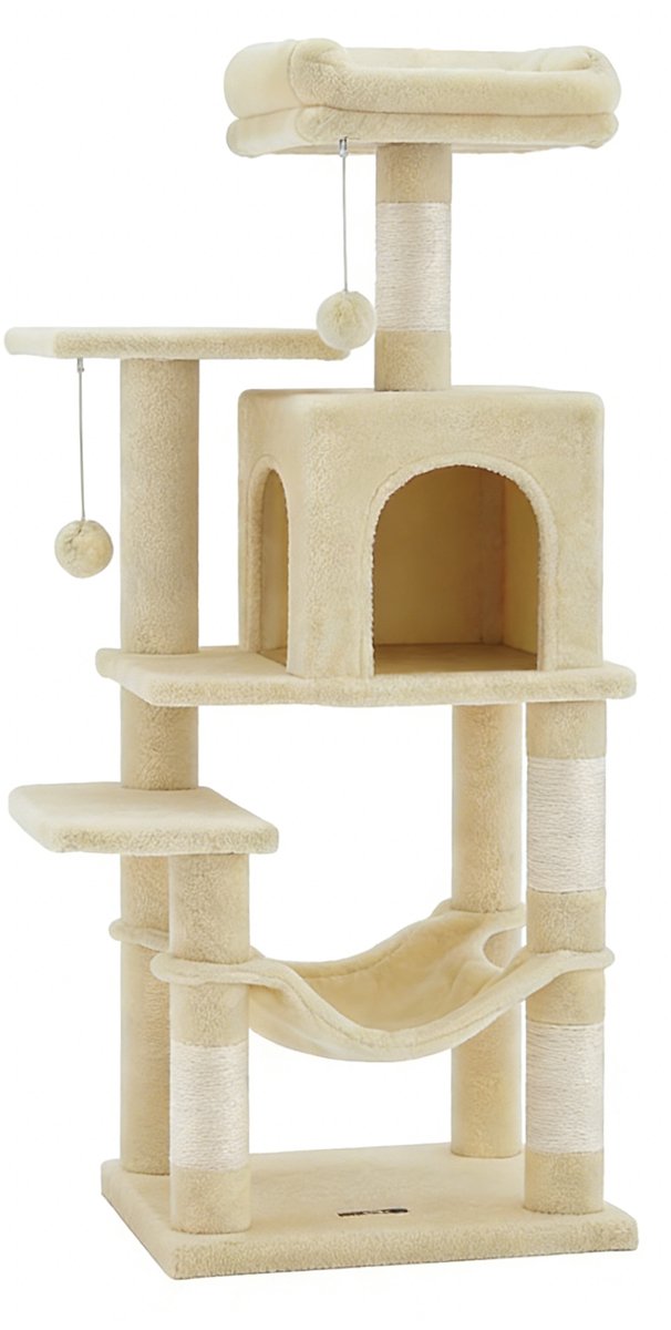 Kattenboomtoren, katten speelrek, 45 x 35 x 112 cm, beige, met 2 platforms, 4 krabpalen, hangmat en kattenmand, zachte pluche bekleding, stevig houten frame, geschikt voor meerdere katten