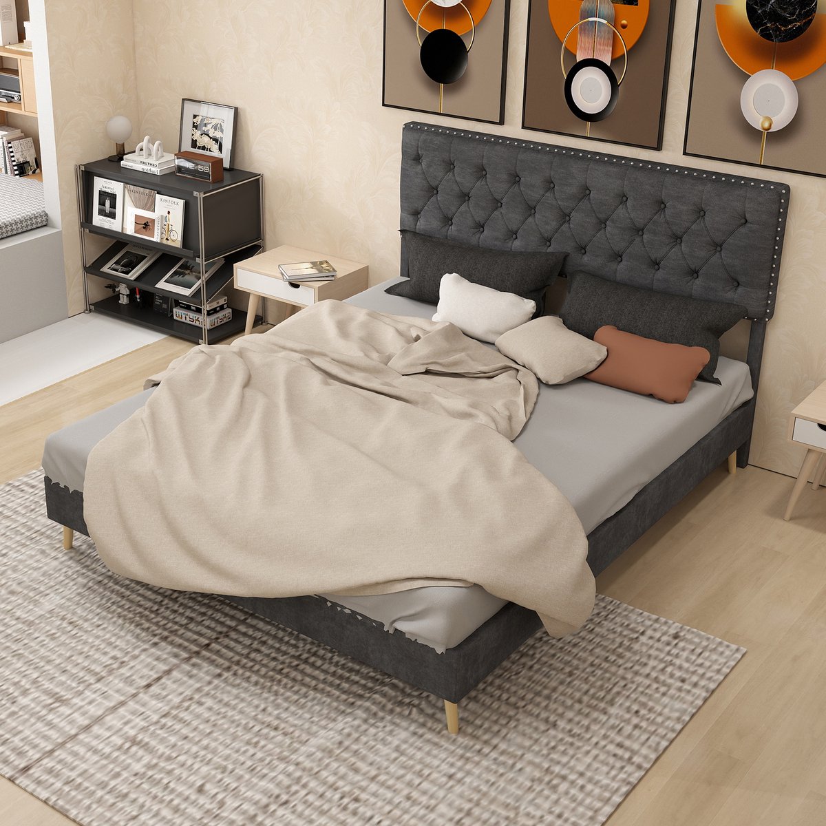 MODFU Bedframe 160x200 cm – Dutch velvet met subtiele klinknagels – Hoog hoofdbord – Grijs