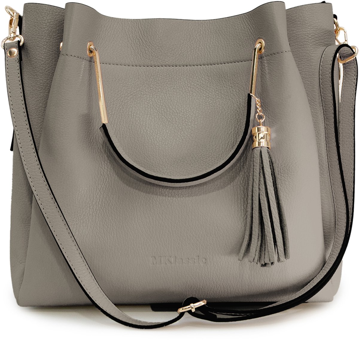 MKlassic Italiaanse damesleren handtas Taupe – Elegante schoudertas met kwastje en gouden accenten – Hoogwaardige schoudertas van echt rundleer voor dagelijks gebruik en zakelijk gebruik- Made in Italy - MK03-320-57