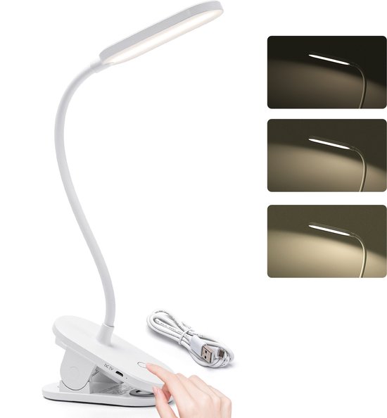 Lampe De Lecture Aigostar à Clipser - Bras Flexible 360° LED Rechargeable USB, 3 Modes Luminosité, Protection Yeux 4000K - Noir