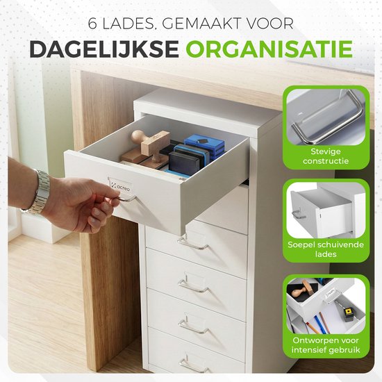 Een hand opent een wit ladeblok met 6 lades onder een bureau, met een close-up van een lade met kantoorbenodigdheden.