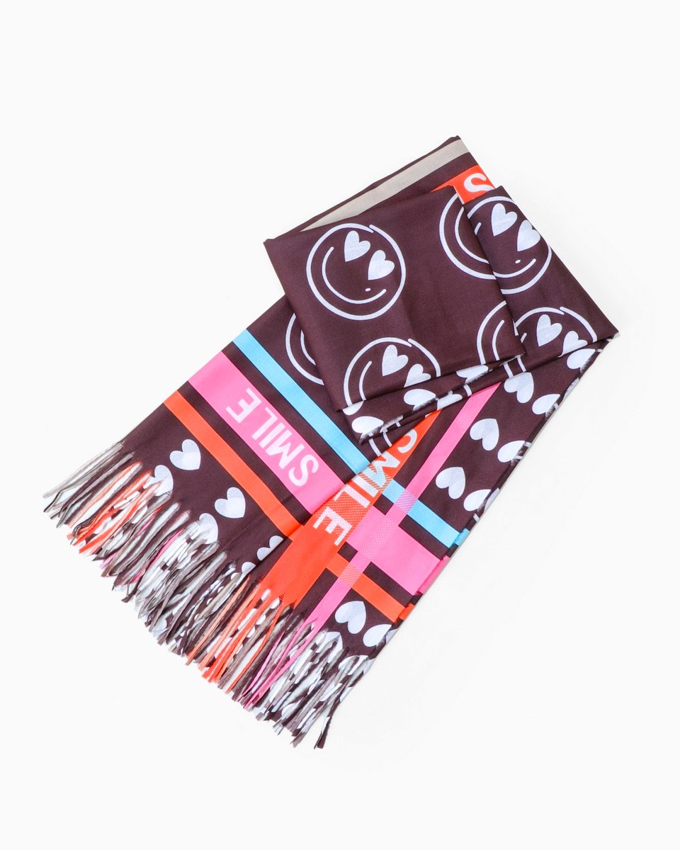 Nouka Bruine Sjaal met Smileys - Met Smile Tekst - Warme & Lichte Sjaal – Alle Seizoenen - 70 x 210 cm