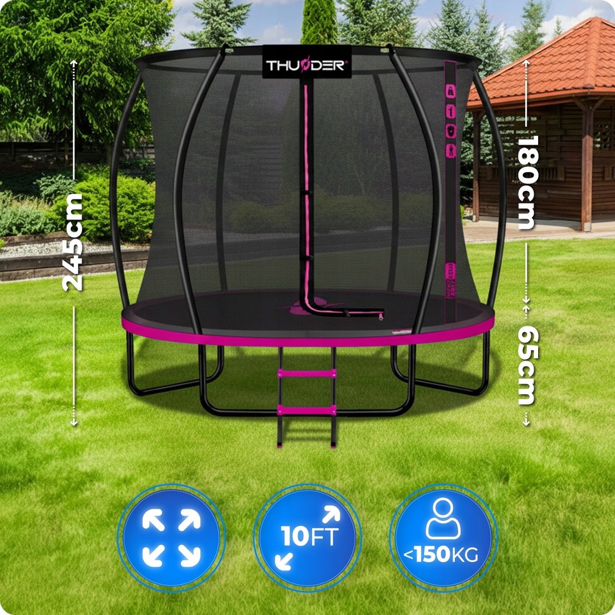 Thunder Trampoline 305 cm – Ronde Tuintrampoline – Max. 150 kg – Met Ladder – Roze — afbeelding 4