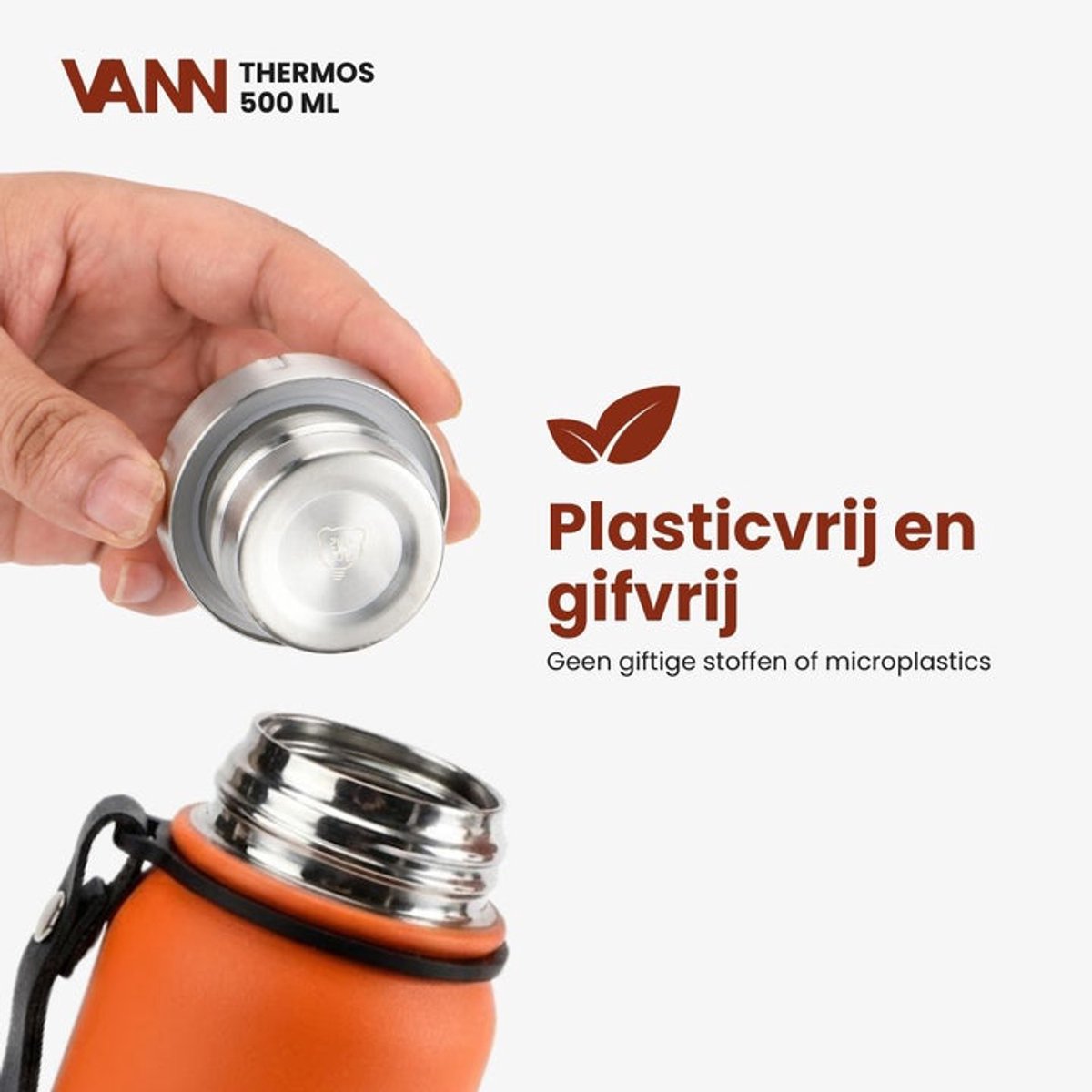 VANN® Kleine Thermoskan 500 ML – 3-Wandige RVS Thermosfles voor Koffie & Thee – 2-in-1 Dop als Beker – 100% Plasticvrij – Oranje – VANN Ritual Thermos® — cadeau in Koken & Dineren - foto 6