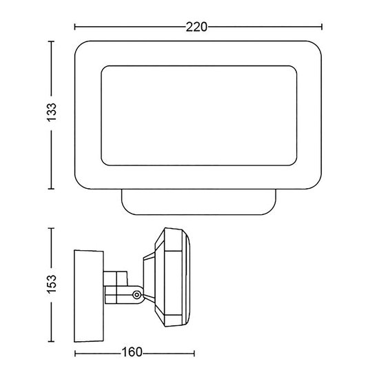 Technische tekening van een buitenlamp, 220x133mm, met afmetingen 160x153mm voor de muurbevestiging.