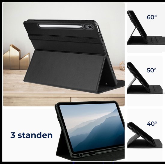 Zwarte tablethoes in staande modus, met instelbare hoeken van 40°, 50° en 60°.