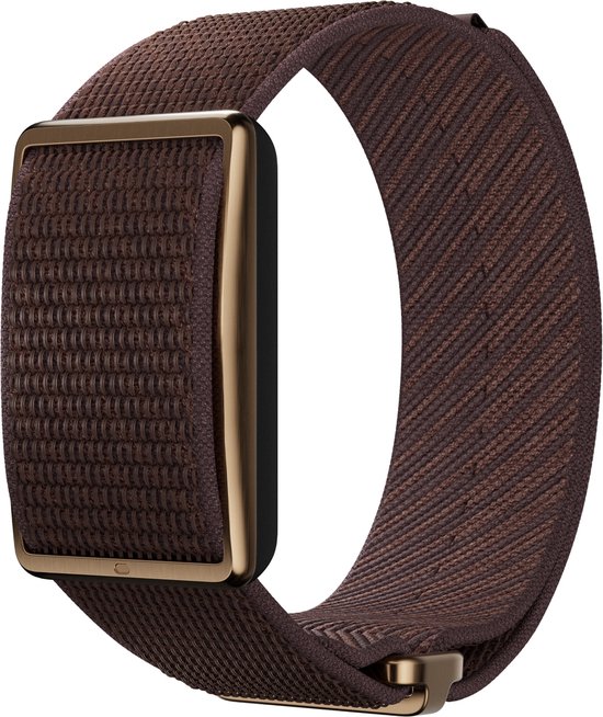 Polar Loop activity tracker, bruin koper, met een geweven band.