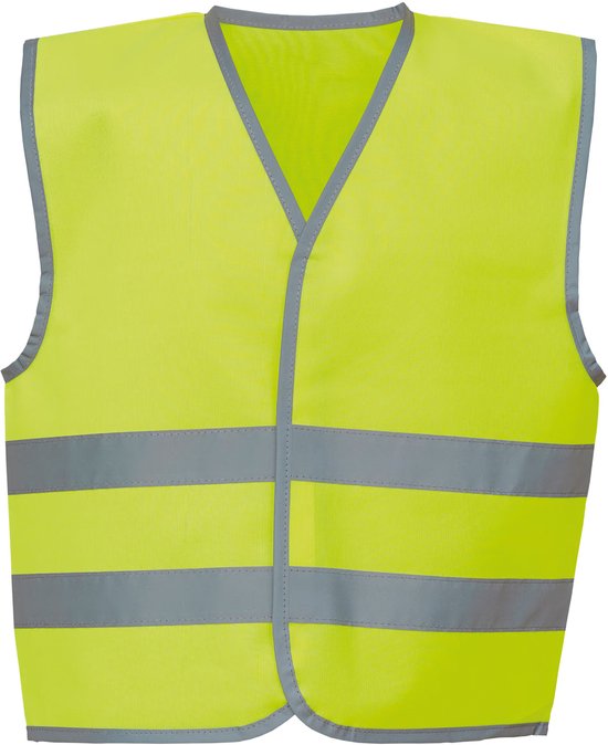 Voorkant van een geel kinder veiligheidshesje met V-hals, grijze biezen en twee horizontale reflecterende banden.