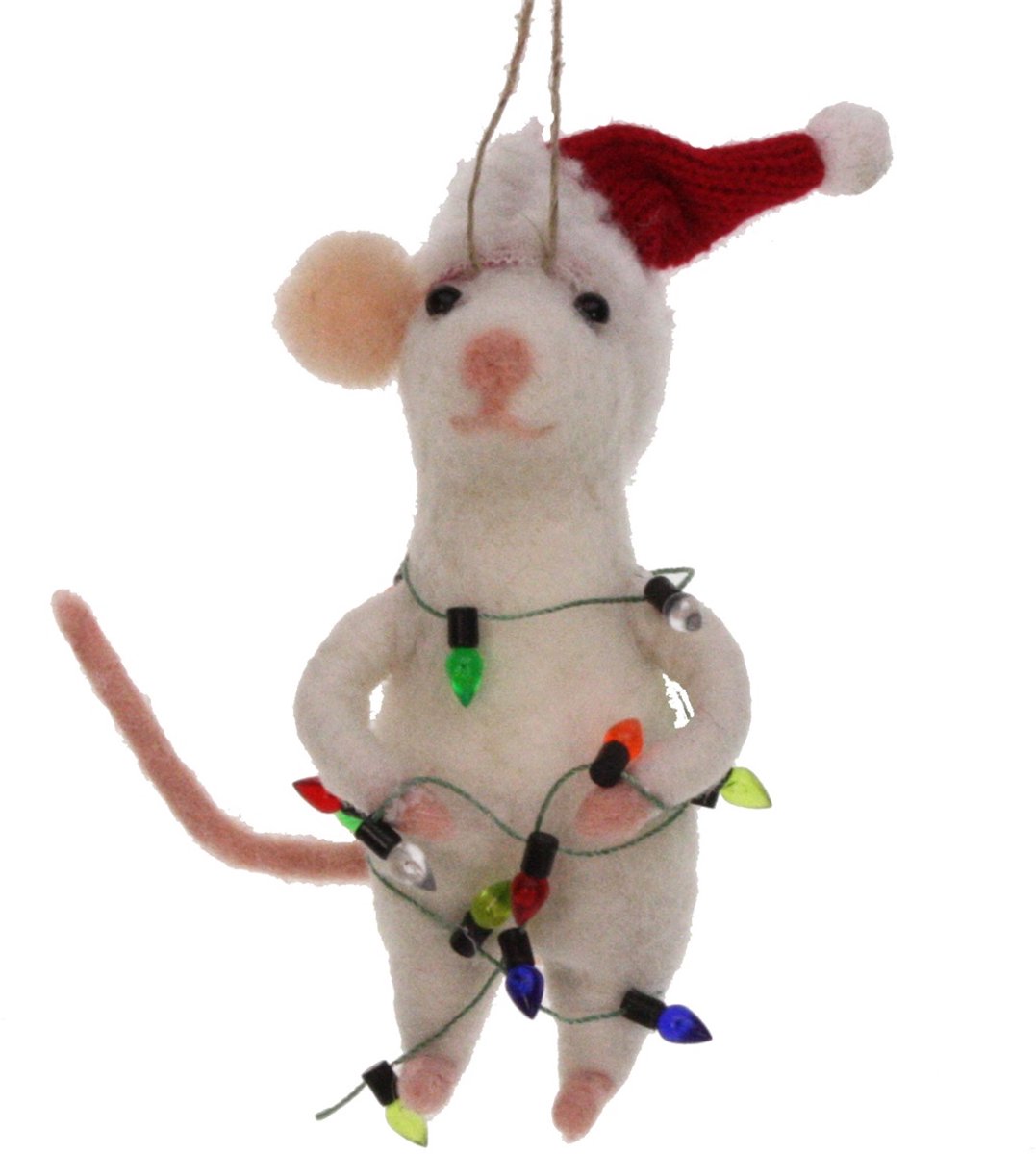 Muis met kerstmuts en kerstlampjes vilt 6x8x12cm