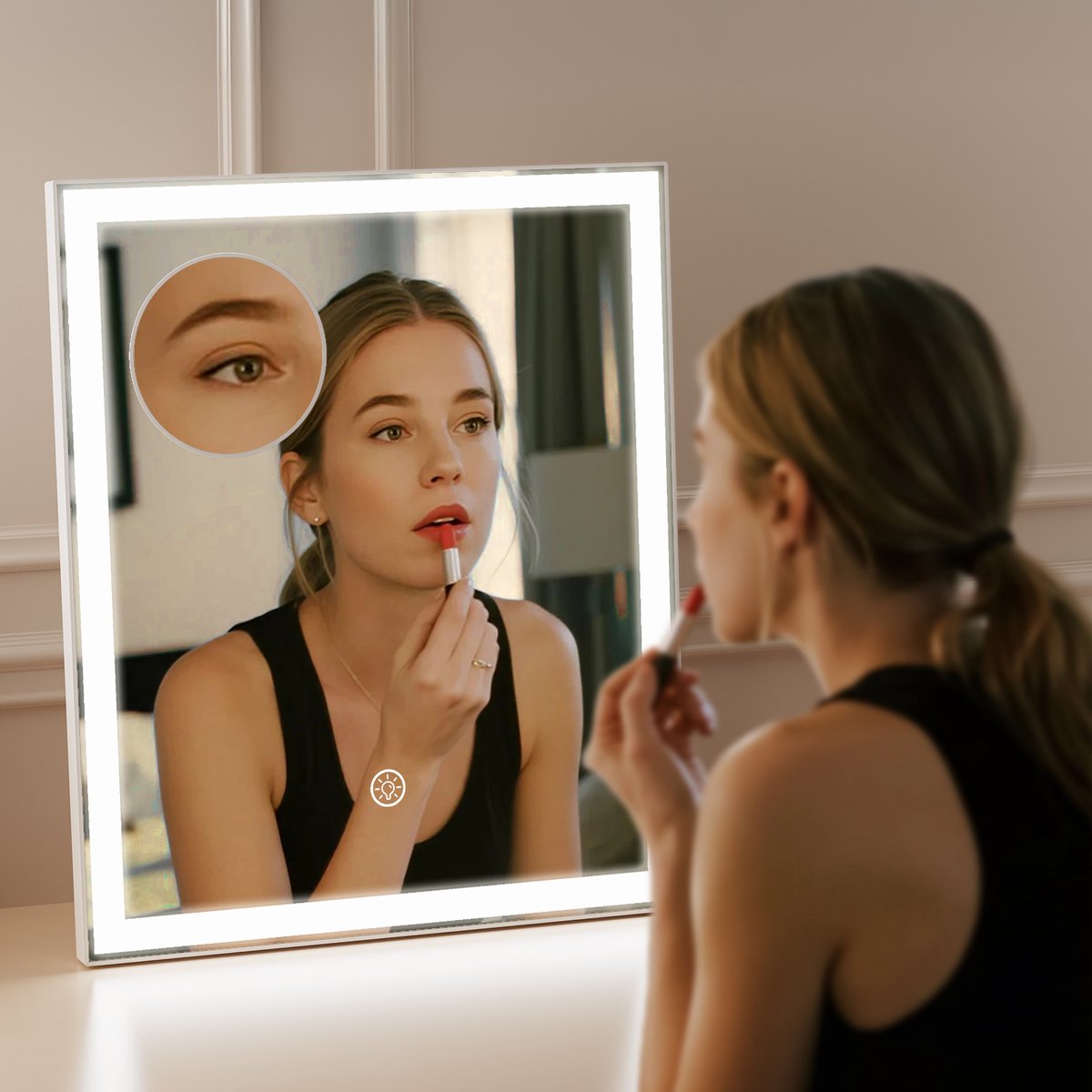 ANTENLICHT Make Up Spiegel 30x25CM - Dimbaar - Draaibaar - USB-C Oplaadpoort - 10x Vergroting - 3 lichtstanden - Dimbaar - Smart Touch - Spiegel met verlichting - Make Up Spiegel - Visagie spiegel - Wit
