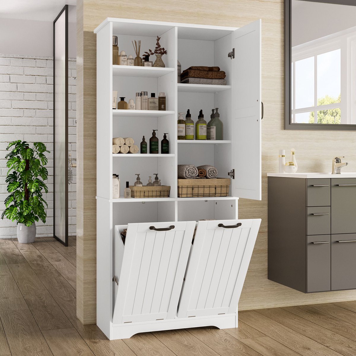 Badkamerkast - 78x35x172 cm - Hoge Kast met Wasmand - Meerdere Opbergvakken - Hout - Wit