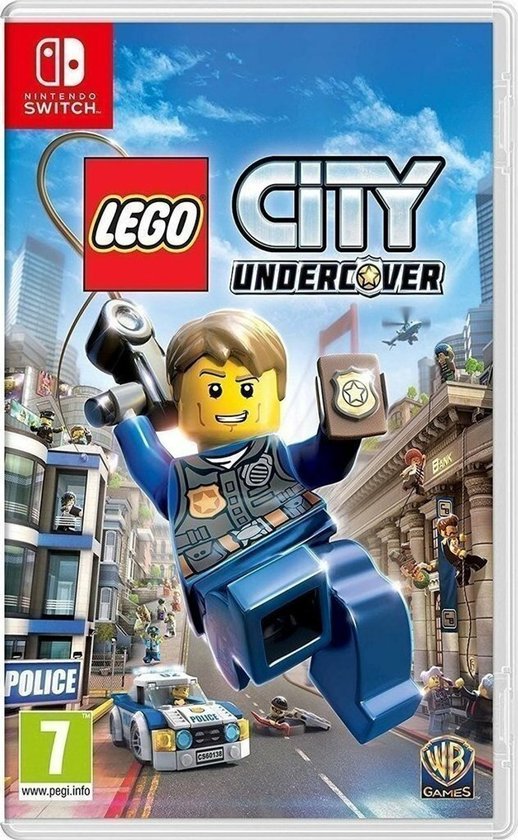 Nintendo Switch game doos met LEGO City Undercover logo en politieagent, politieauto en gebouwen.