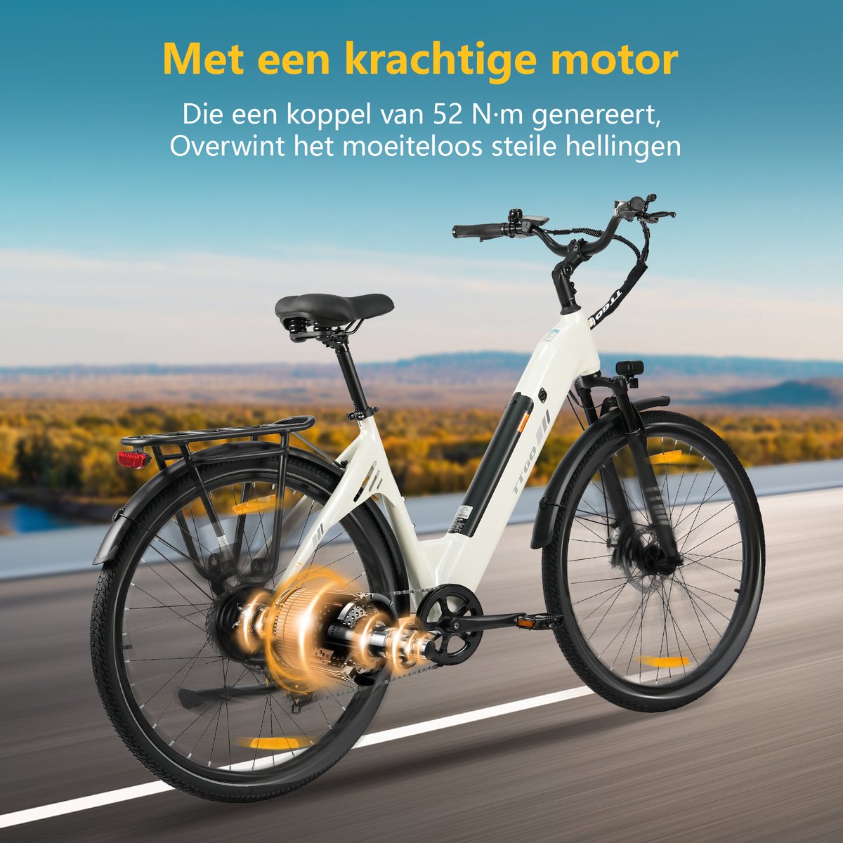 Elektrische Fiets TTGO C3 - 36V 18AH Accu - Actieradius Tot 120 Km - Aluminium Lage Instapframe - 28×2.0 Inch Wielen - Shimano 7 Versnellingen - Mechanische Schijfremmen - LCD Display - Elektrische Stadsfiets - Wit thumbnail 3