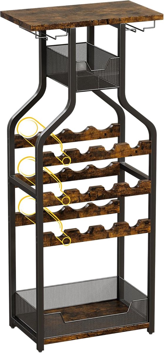 Staand wijnrek industrieel - 12 flessen + glashouder - Hout & metaal - bruin - 6-laags - 44 x 27 x 112 cm