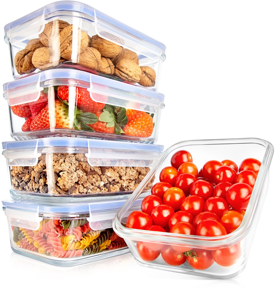 NutriChef Glazen Vershoudbakjes – 5-delige set en 5 luchtdichte klikdeksels- 863 Gram Bewaarbakjes - BPA vrij - Blauw