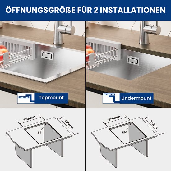 CECIPA Spoelbak zwart antraciet 60 x 44cm met kraan keuken uittrekbaar, keukenspoelbak met zeefmand uittrekbaar, spoelbak zwart roestvrij staal inbouwspoelbak zonder kraangat incl. sifon en afvoerzeef