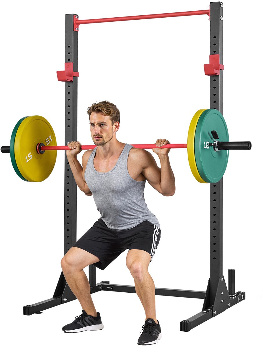 VEVOR Power Rack, 362,87 KG Draagvermogen, Multifunctioneel Squat Rack voor Thuisgym, Krachttrainingsapparaat met 28-Voudig Verstelbare J-Haken voor Barbell Squats, Pull-Ups en Gewichtheffen.