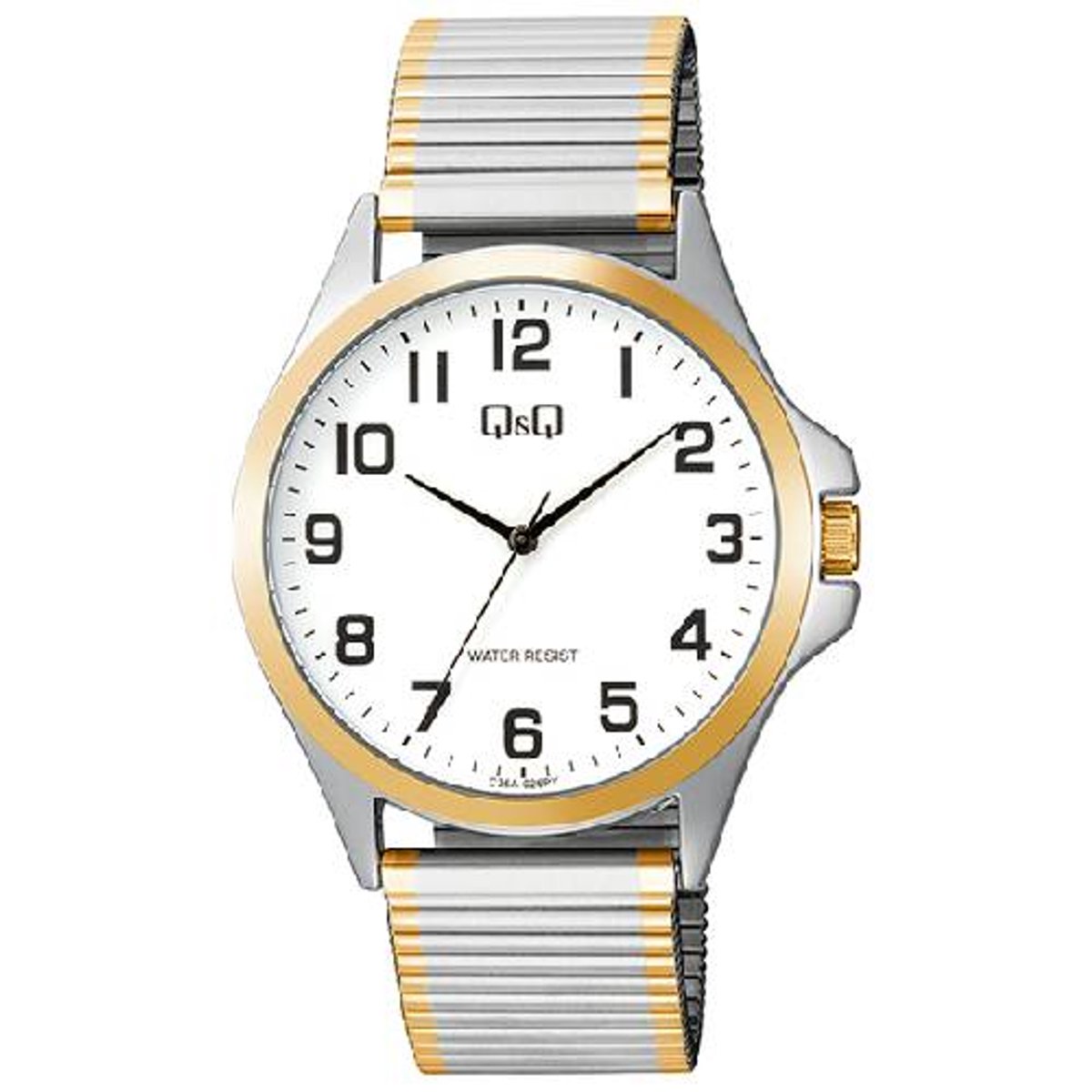 QQ- heren horloge-model c36a-026py-rekbare band-bicolor-goud-zilverkleurig-duidelijke wijzerplaat-inkortbaar-3 bar waterdicht-diameter 39 mm