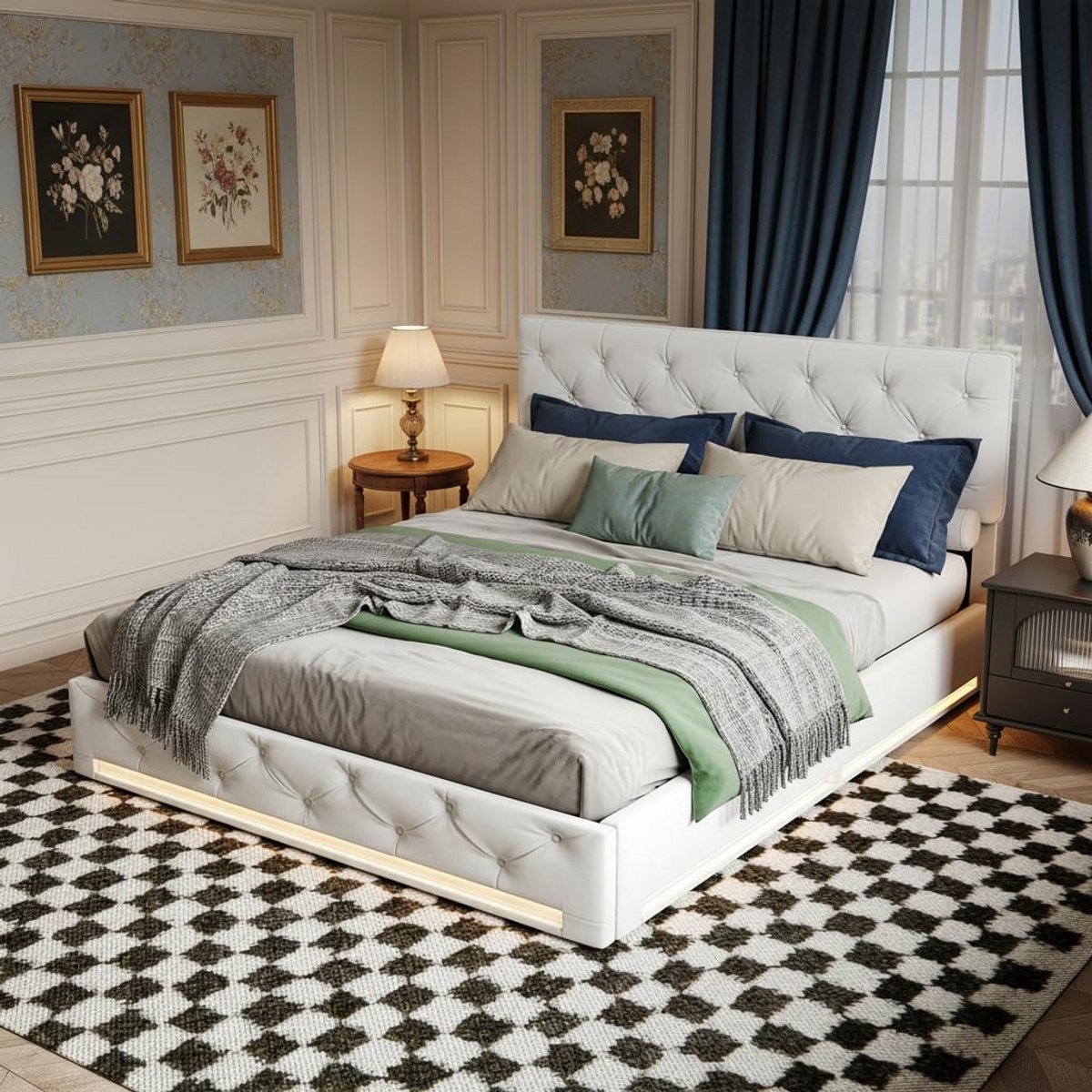 Gestoffeerd Tweepersoonsbed met Opbergruimte en Lattenbodem, 140 x 200 cm, Creme Wit