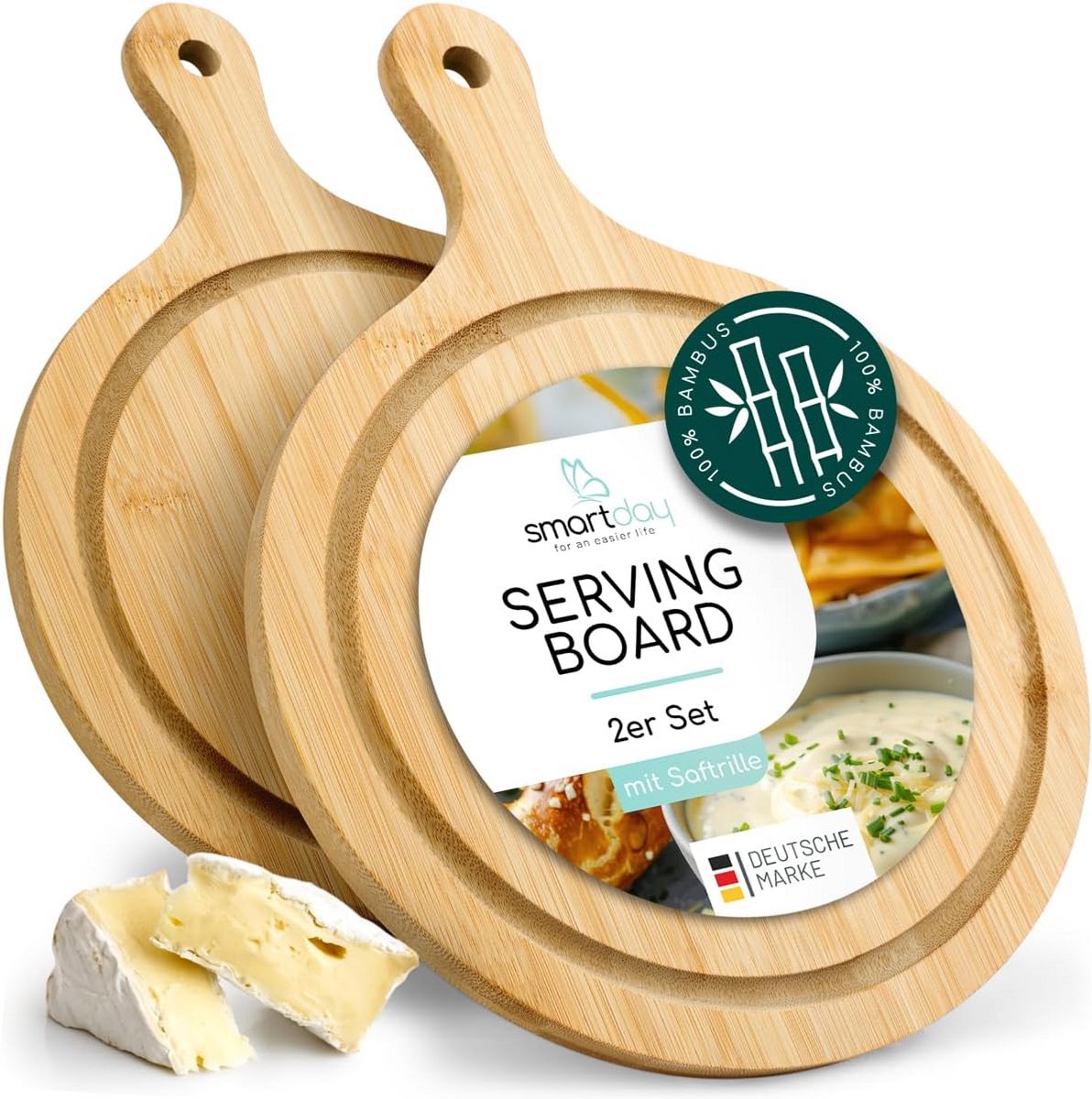 Set van 2 Ronde Houten Snijplanken van Bamboe met Sapgoot en Handvat