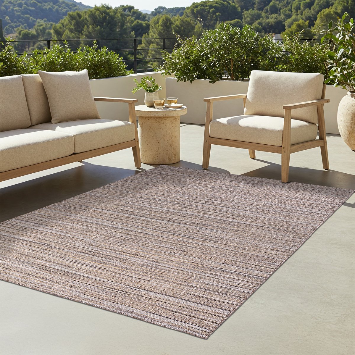 TAPISO Yucana Buitentapijt - Flatweave Vloerkleed Buiten & Binnen - Modern Buitenkleed Gestreept - Weerbestendig & UV-bestendig - Bruin 120x170