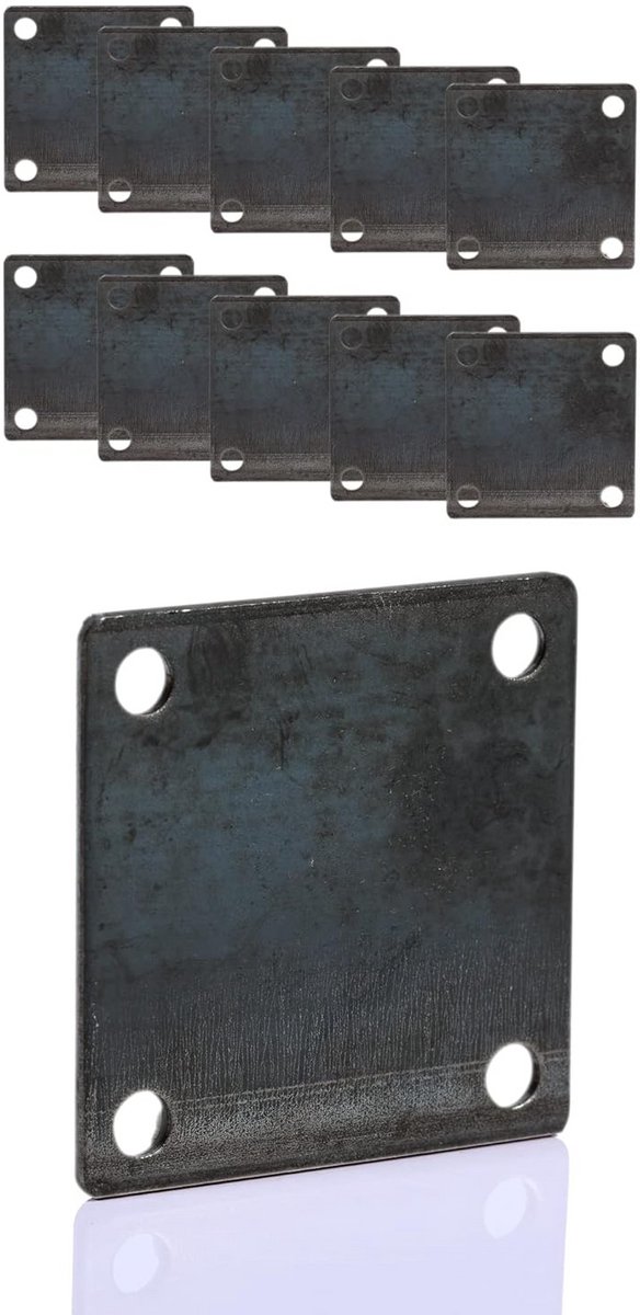 10x Stalen Bodemplaten, 10,2x10,2 cm, Warmgewalst, 4 Gaten, Afgeronde Hoeken