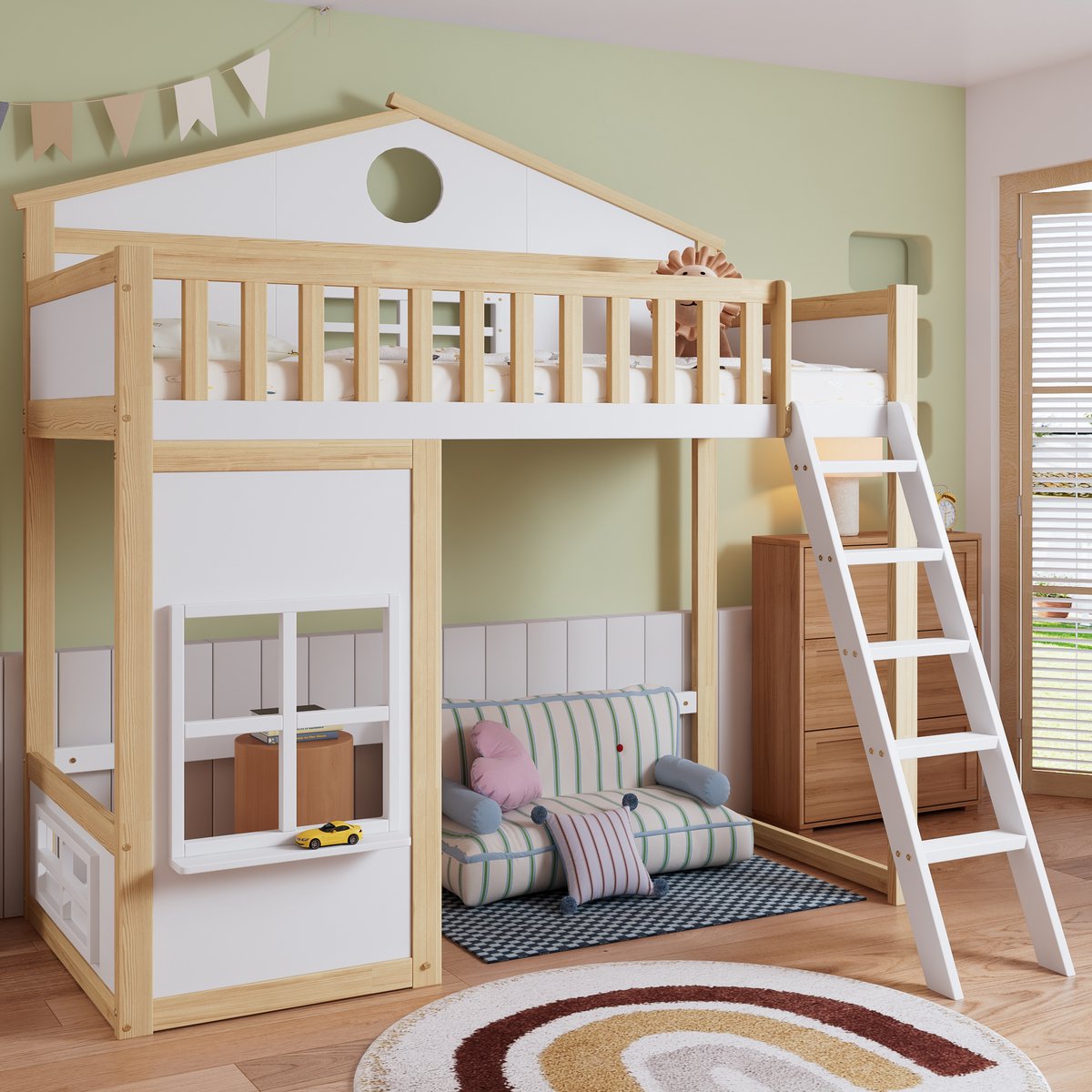 Stapelbed 90x200 cm - huisbed - kinderbed met dak en ramen - vrij ontworpen onderbed - wit natuurlijke kleur