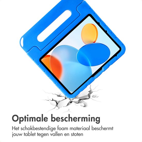 Blauw tablethoes met handvat en schokbestendig foam. 'Optimale bescherming'.