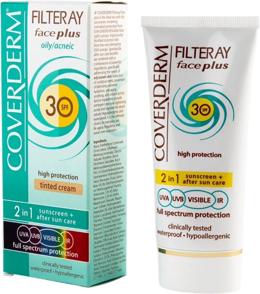 Coverderm Filteray Face Plus Oily Acne Skin getinte 2-in1 zonnebrandcrème voor vette huid Lichtbeige SPF 30 50 ml
