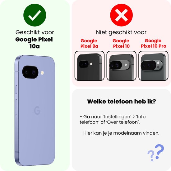 Paarse Google Pixel 10a telefoon getoond als geschikt product. Andere Pixels met X.