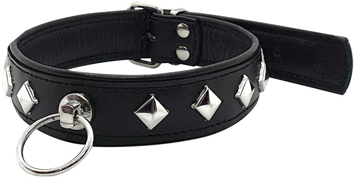 Black Label - Lederen O-Ring Collar met Studs - Zwart