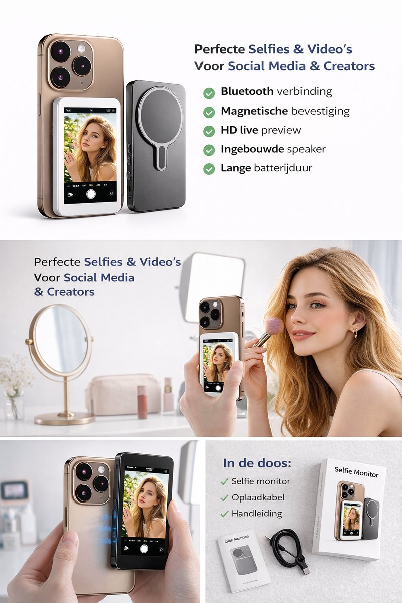 Selfie Monitor Met Bluetooth & Magneet – Draadloos Selfie Scherm Voor Smartphone – HD Camera Preview – Voor Vloggen, TikTok & Content Creators – iOS & Android