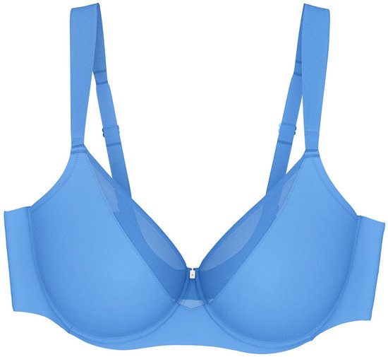 Blauwe beha met gladde voorgevormde cups en mesh details langs de bovenrand.