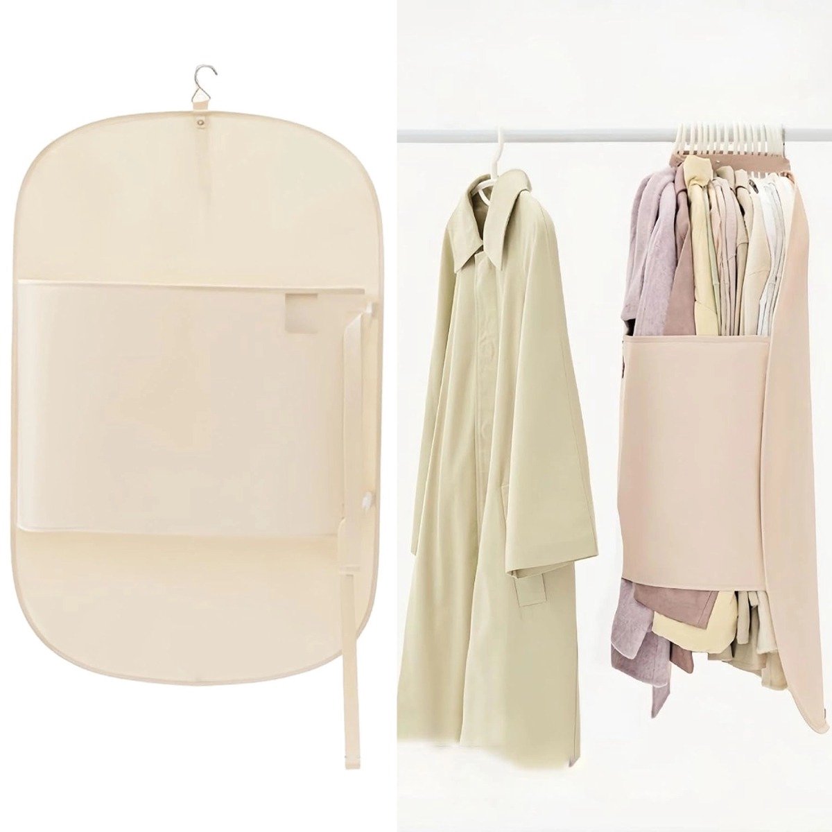 OIMG Kledingzak - Kledinghoes - Garment Bags voor Opslag - 90cmx58cm - Compression Cubes - met metalen haak - verstelbare compressie kledingzakken - Ademend & Stofdicht - Beschermhoes - Opberg - voor kast thuis slaapzaal appartement - beige