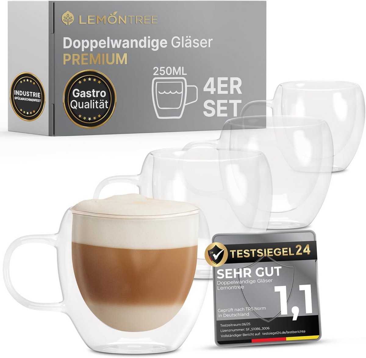 Set van 4 Dubbelwandige Cappuccinoglazen 250 ml - Hittebestendig Borosilicaatglas