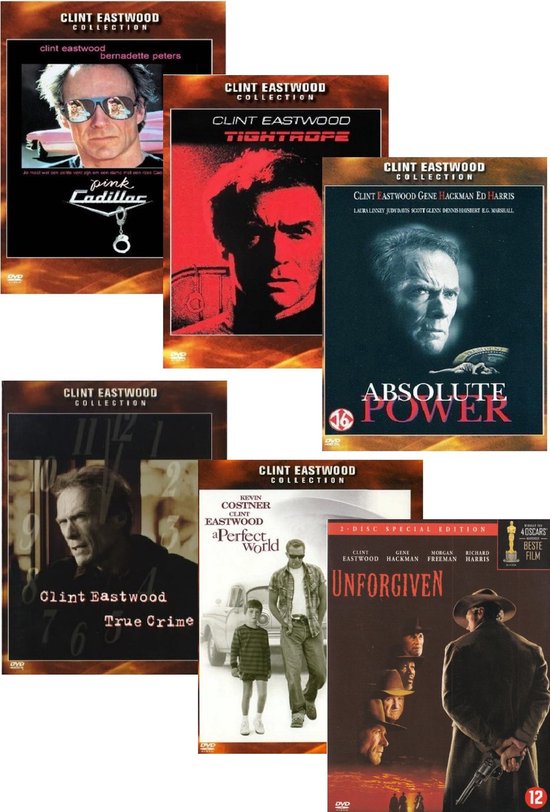 Collage van zes dvd-hoezen van Clint Eastwood films: Pink Cadillac, Tightrope, Absolute Power, True Crime, A Perfect World, Unforgiven.