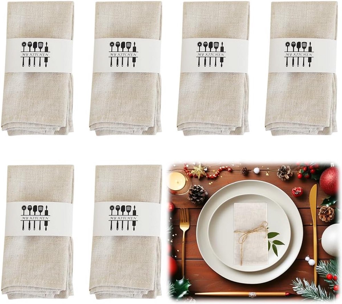 Set van 6 Beige Linnen Stoffen Servetten 40x40 cm Herbruikbaar voor Tafeldecoratie