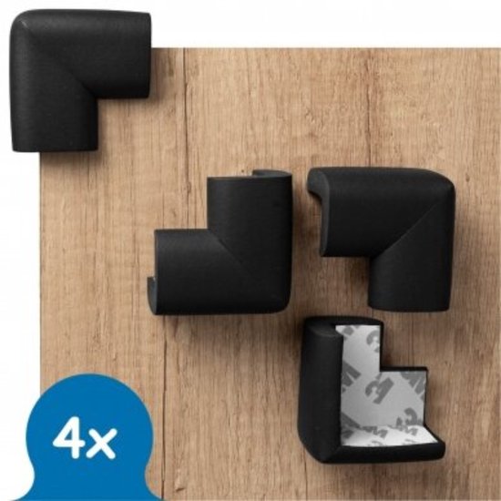 Vier zwarte hoekbeschermers op een houten achtergrond, één met 3M tape zichtbaar en een '4x' icoon.
