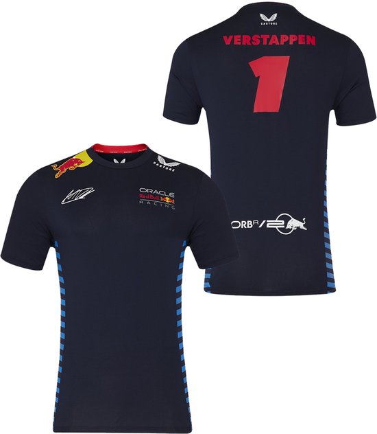 T-shirt de sport bleu marine avec logo Oracle Red Bull Racing, rayures bleues sur les côtés et 'VERSTAPPEN 1' au dos.