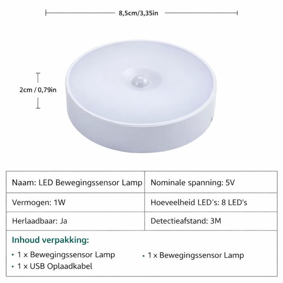 Bewegingssensor LED Nachtlamp USB Oplaadbaar - Draadloos Nachtlampje voor Keuken, Trap, Gang en Kast - Warm wit van Jumalu — afbeelding 5